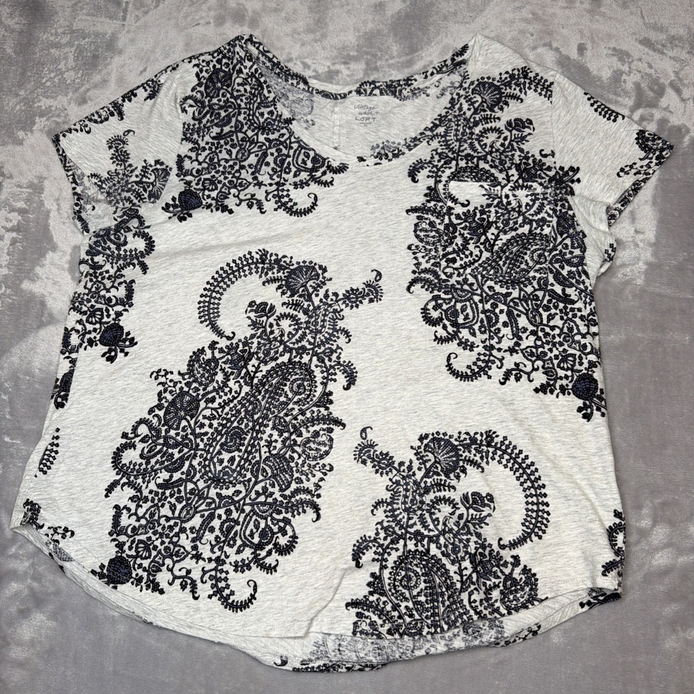LOFT Vintage Wash Women's XL Paisley Print Cotton Tee Gray Black Short Sleeve